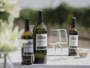 Botellas de vino de Montepedroso sobre una mesa de mantel blanco, con dos copas vacías.