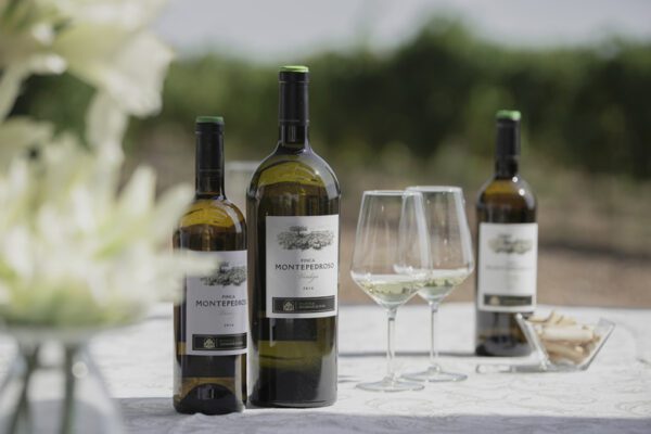 Botellas de vino de Montepedroso sobre una mesa de mantel blanco, con dos copas vacías.