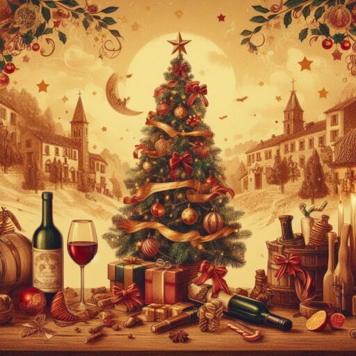 Árbol de Navidad, botellas de vino, edificios históricos y decoración navideña. Imagen creada con Inteligencia Aritifical
